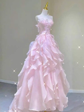 Pink Strapless A-Line Chiffon Ruffles Long Party Dress Birthday Outfits HZ0319