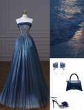 Navy Blue Strapless A-Line Beading Satin long Formal Party Dress HZ0319