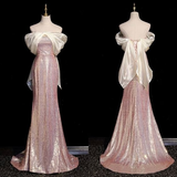 Pink Off Shoulder Sequins Mermaid Long Formal Party Dress HZ0319