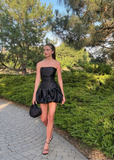 Black Strapless Sheath Satin Short Party Dress Homecoming Dress HZ0319