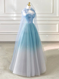 Light Blue Strapless A-Line Tulle Long Party Dress Birthday Outfits HZ0319