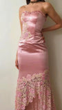 Lovely Pink Two Pieces Strapless Sheath Satin Long Party Dress Birthday Outfits, HZ0319