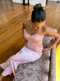 Lovely Pink Two Pieces Strapless Sheath Satin Long Party Dress Birthday Outfits, HZ0319