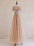 A-Line Lace Champagne Long Prom Dress, Champagne Lace Long Formal Dress HZ0319