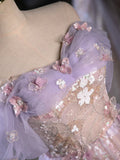 Vintage Light Purple Applique Floral Beaded Off-the-shoulder Design A-line Tulle Party Dress Homecoming Dress HZ0319