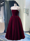 Simple burgundy tea length prom dress, burgundy homecoming dress HZ0319