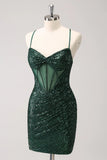 Vintage Dark Green Sequined Design A-line Spaghetti Strap Homecoming Dress, HZ0319