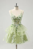 Vintage Mint Green Floral Embroidery Design A-line Spaghetti Strap Homecoming Dress, HZ0319