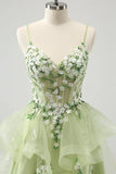 Vintage Mint Green Floral Embroidery Design A-line Spaghetti Strap Homecoming Dress, HZ0319