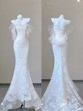 White Strapless Lace Tulle Mermaid Wedding Dress Birthday Outfits HZ0319