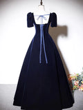 A-Line Dark Blue Velvet Long Prom Dress, Blue Formal Evening Dress HZ0319