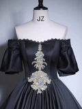 Black A-Line Satin Long Prom Dress, Black Satin Long Formal Dress HZ0319