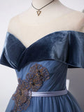 A-Line Off Shoulder Tulle Gray Blue Long Prom Dress, Blue Formal Dress HZ0319