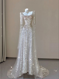 Champagne Square Neck Sequins Long Sleeves Long Party Dress HZ0319