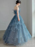 Vintage Blue Beaded Design Elegant A-Line Chiffon Tulle Evening Dress Prom Dress HZ0319