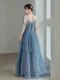 Vintage Blue Beaded Design Elegant A-Line Chiffon Tulle Evening Dress Prom Dress HZ0319