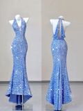 Blue V Neck Halter Sequins Sheath Long Party Dress Birthday Outfits HZ0319