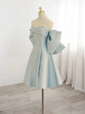 Vintage Light Blue Sweetheart Strapless Bow Design A-line Satin Party Dress Homecoming Dress HZ0319