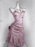 Glitter Pink Sequin Spaghetti Strap Butterfly Design 16th Birthday Party Dress Homecoming Dress HZ0319