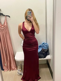 Dark Green V Neck Halter Mermaid Satin Long Prom Dress HZ0319