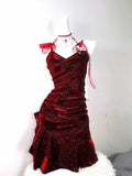Retro Glitter Burgundy Spaghetti Strap 18th Birthday Party Dress Homecoming Dress HZ0319