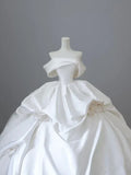 Elegant White Satin Off-the-shoulder Ruffle Ball Gown Design A-Line Wedding Dress, HZ0319