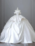 Elegant White Satin Off-the-shoulder Ruffle Ball Gown Design A-Line Wedding Dress, HZ0319