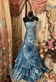 Blue Strapless A-Line Satin Vintage Long Formal Evening Gown, HZ0319