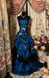 Navy Blue Strapless Appliques Satin Vintage Long Evening Gown, HZ0319