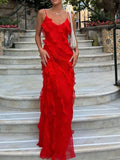 Red Spaghetti Straps Sheath Ruffles Long Evening Party Dress, HZ0319