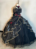 Black Off Shoulder A-Line Lace Satin Birthday Ball Gown Quinceanera Dress, HZ0319