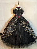 Black Off Shoulder A-Line Lace Satin Birthday Ball Gown Quinceanera Dress, HZ0319