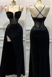 Black Spaghetti Straps Sheath Satin Long Formal Prom Dress, HZ0319
