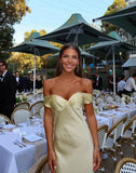 Light Yellow Off Shoulder Sheath Satin Long Party Dress Wedding Guest Dress, HZ0319