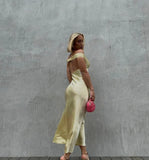 Light Yellow Off Shoulder Sheath Satin Long Party Dress Wedding Guest Dress, HZ0319