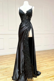 Black Spaghetti Straps Lace Satin Split Sheath Long Party Dress, HZ0319