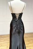 Black Spaghetti Straps Lace Satin Split Sheath Long Party Dress, HZ0319