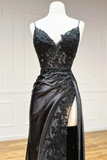 Black Spaghetti Straps Lace Satin Split Sheath Long Party Dress, HZ0319