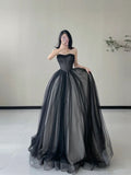 Black Strapless A-Line Tulle Long Formal Prom Dress Evening Gown, HZ0319