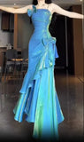 Blue Spaghetti Straps Mermaid Graduation Dress Long Prom Dress, HZ0319