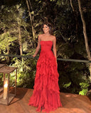 Strapless A Line Red Long Prom Dress Ruffle Formal Dresses, HZ0319