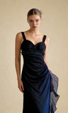 Dark Blue Straps Chiffon Vintage Long Party Dress Prom Gown HZ0319