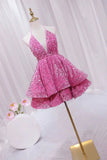 Pink V-Neck Sequins Short Prom Dress, Pink A-Line Backless Party Dress HZ0319