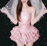 Charming Pink Strapless Ruffle Short Prom Dress Back to School Outfits Homecoming Dress Sweet 16 Dress Party Dress HZ0319