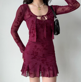Vintage Print Two-piece Set Short Skirt Women Summer Vacation Date Dress HZ0319