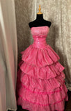 Shiny Strapless Sequins Pleated Tiered Ball Gown Long Prom Dress Evening Dress Gala Dress HZ0319