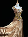 Shiny Prom Dress Spaghetti Straps Sequins Crystal Pleated Gala Dress Evening Dress Customized Dress HZ0319