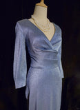 Shiny Prom Dress V-neck Long Sleeves Pleated Prom Gown Evening Dress Business Dinner Dress Gala Dress HZ0319