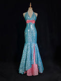 Shiny Prom Dress Blue Halter Sequin Mermaid Gala Dress Evening Dresses Party Dress HZ0319