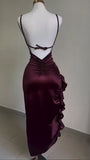 Burgundy Straps Open Back Ruffles Sheath Satin Midi Party Dress HZ0319